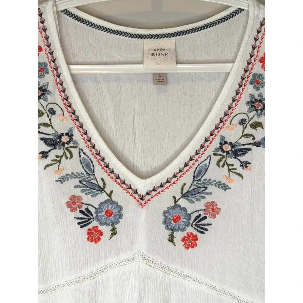 Knox Rose Embroidered Boho Peasant Guaze Top White Floral Large - Picture 4 of 6